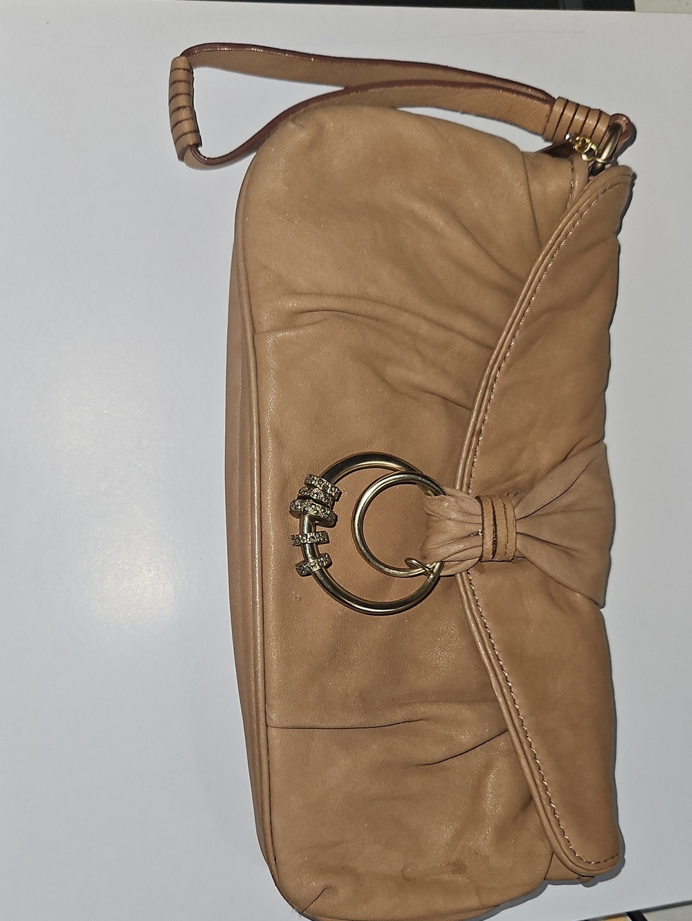 Laundry By Shelli Segal Tan Leather Wristlet Clutch with Gold Ring Accent